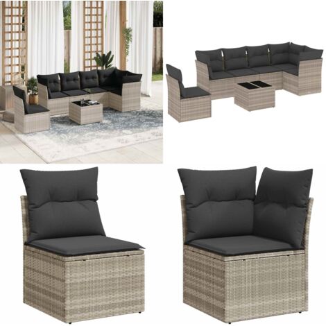 Set Divani da Giardino 7pz con Cuscini Grigio Chiaro Polyrattan - Sedute da esterno - Tavolo da giardino