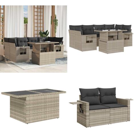 Set Divani da Giardino 7pz con Cuscini Grigio Chiaro Polyrattan - Sedute da esterno - Tavolo da giardino