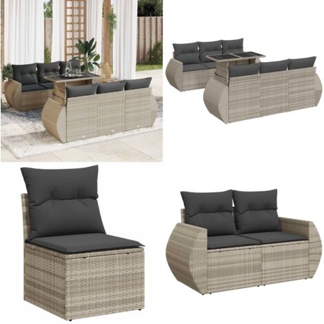 Set Divani da Giardino 7pz con Cuscini Grigio Chiaro Polyrattan - Sedute da giardino - Poltrone da giardino