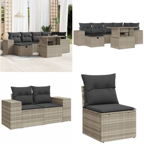 Set Divani da Giardino 7pz con Cuscini Grigio Chiaro Polyrattan - Tavolo da giardino - Poltrona da giardino
