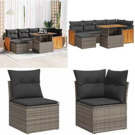 Set Divani da Giardino 7pz con Cuscini Grigio Polyrattan Acacia - Sedute da esterno - Poltrone da giardino