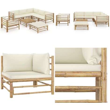 Set Divani da Giardino 8 pz con Cuscini Bianco Crema in Bambù - Set divani da giardino - Cuscini da giardino bambù