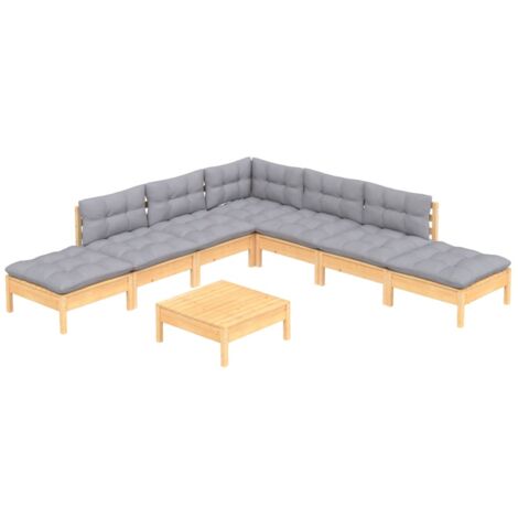 Set Divani da Giardino 8 pz con Cuscini Grigi Massello di Pino vidaXL