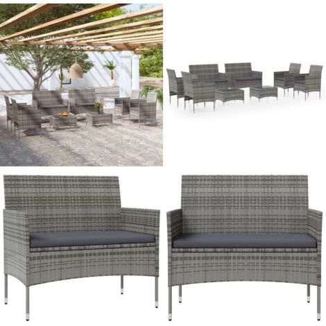 Set Divani da Giardino 8 pz con Cuscini in Polyrattan Grigio - Poltrona da giardino - Set da giardino