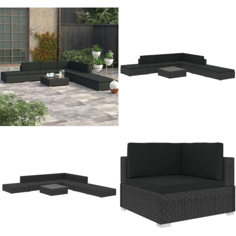 Set Divani da Giardino 8 pz con Cuscini in Polyrattan Nero - Divano angolare - Divano centrale