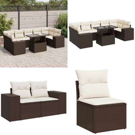 Set Divani da Giardino 8 pz con Cuscini Marrone in Polyrattan - Sedute da esterno - Tavolo da giardino