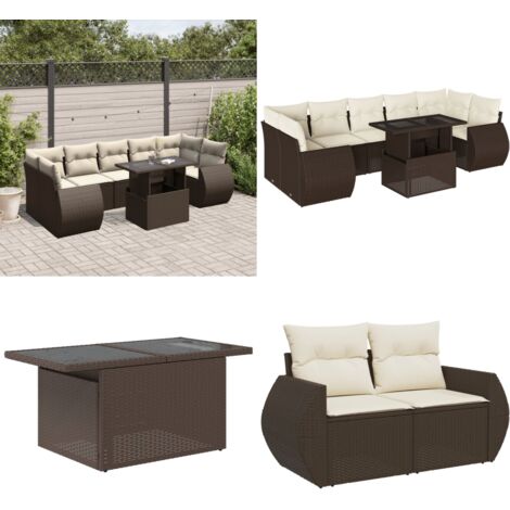 Set Divani da Giardino 8 pz con Cuscini Marrone in Polyrattan - Sedute da esterno - Tavolo da giardino