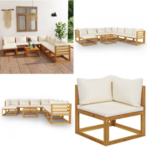 Set Divani da Giardino 9 pz con Cuscini Crema in Legno Acacia - Divano in legno - Cuscini da giardino