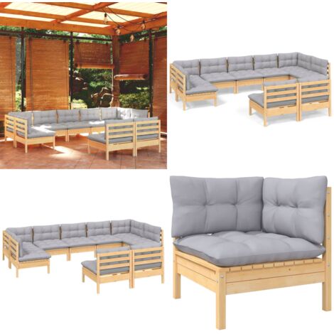 Set Divani da Giardino 9 pz con Cuscini Grigi Massello di Pino - Divano angolare - Cuscino da giardino