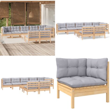 Set Divani da Giardino 9 pz con Cuscini Grigi Massello di Pino - Divano angolare - Cuscino da giardino