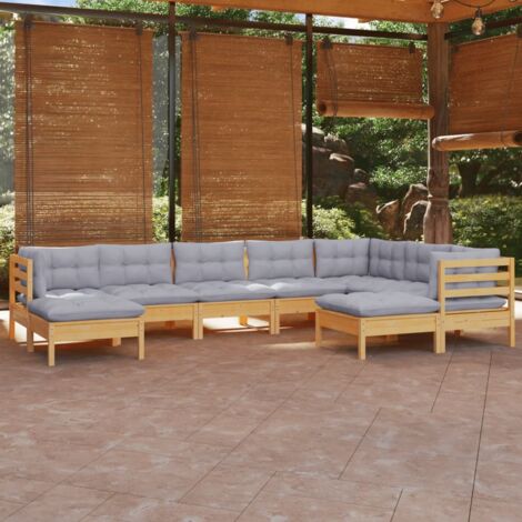 Set Divani da Giardino 9 pz con Cuscini Grigi Massello di Pino vidaXL