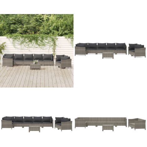 Set Divani da Giardino 9 pz con Cuscini in Polyrattan Grigio - Divano in rattan - Divano in acciaio