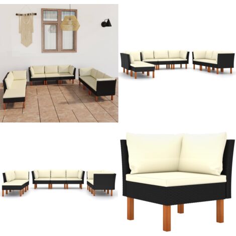 Set Divani da Giardino 9 pz con Cuscini in Polyrattan Nero - Divani da esterno - Cuscini per divano