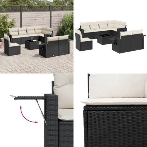 Set Divani da Giardino 9 pz con Cuscini Nero in Polyrattan - Poltrona da giardino - Tavolo da giardino