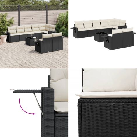 Set Divani da Giardino 9 pz con Cuscini Nero in Polyrattan - Poltrona da giardino - Tavolo da giardino