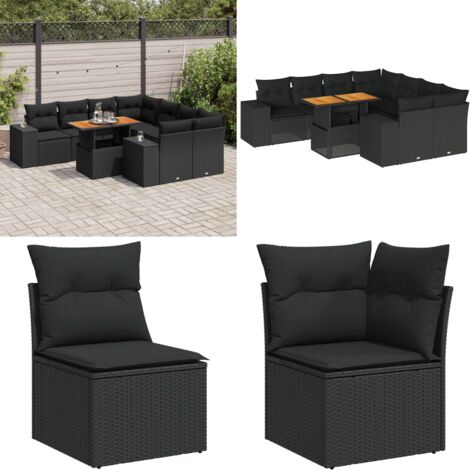 Set Divani da Giardino 9 pz con Cuscini Nero in Polyrattan - Sedute angolari - Tavolo da giardino