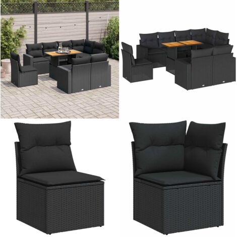 Set Divani da Giardino 9 pz con Cuscini Nero in Polyrattan - Sedute angolari - Tavolo da giardino