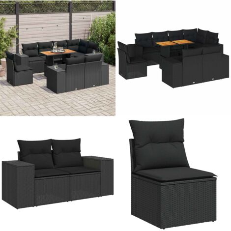 Set Divani da Giardino 9 pz con Cuscini Nero in Polyrattan - Sedute angolari - Tavolo da giardino