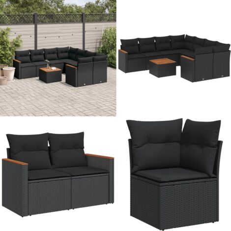 Set Divani da Giardino 9 pz con Cuscini Nero in Polyrattan - Sedute da esterno - Cuscini da giardino
