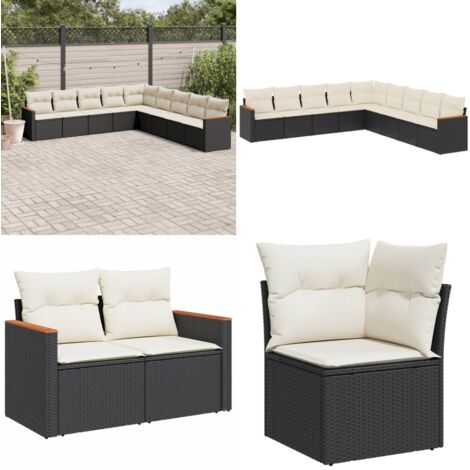 Set Divani da Giardino 9 pz con Cuscini Nero in Polyrattan - Sedute da esterno - Cuscini da giardino
