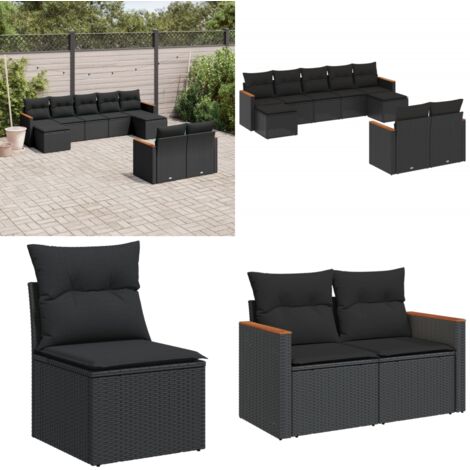Set Divani da Giardino 9 pz con Cuscini Nero in Polyrattan - Sedute da esterno - Cuscini da giardino