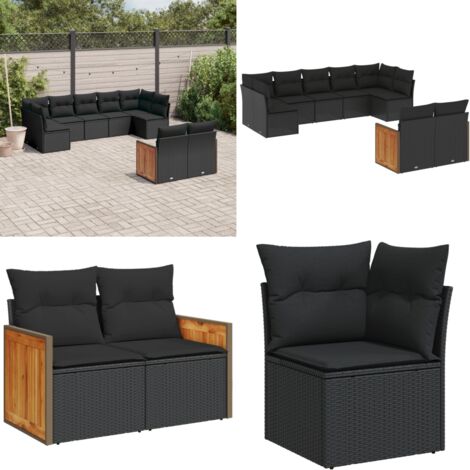 Set Divani da Giardino 9 pz con Cuscini Nero in Polyrattan - Sedute da esterno - Cuscini da seduta