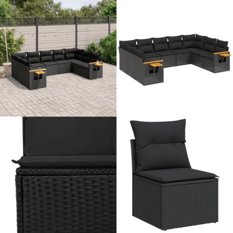 Set Divani da Giardino 9 pz con Cuscini Nero in Polyrattan - Sedute da esterno - Cuscini da seduta