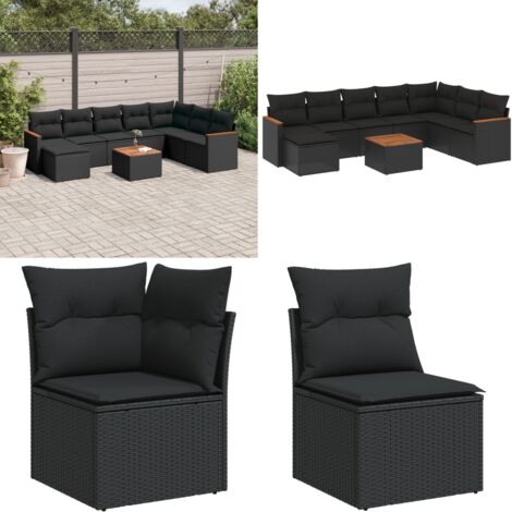 Set Divani da Giardino 9 pz con Cuscini Nero in Polyrattan - Sedute da esterno - Poltrone da giardino