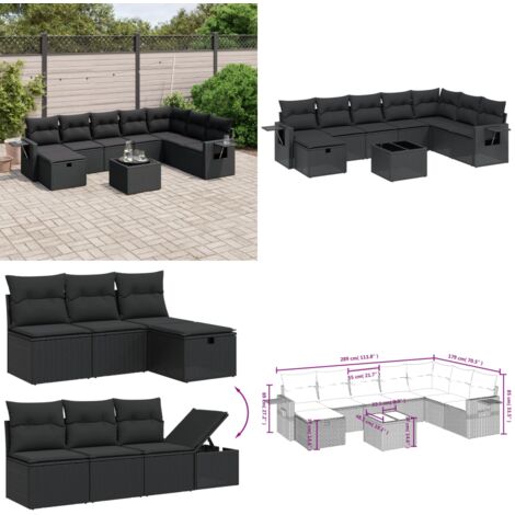 Set Divani da Giardino 9 pz con Cuscini Nero in Polyrattan - Sedute da esterno - Tavolo da giardino