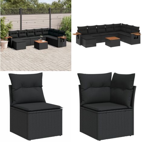 Set Divani da Giardino 9 pz con Cuscini Nero in Polyrattan - Sedute da esterno - Tavolo da giardino