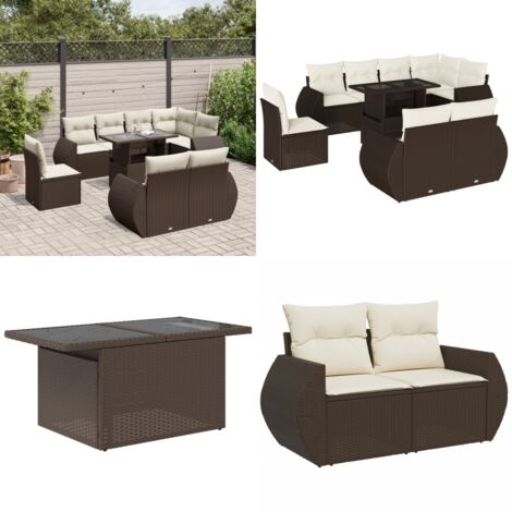 Set Divani da Giardino 9pz con Cuscini Marrone in Polyrattan - Poltrona da giardino - Tavolo da giardino