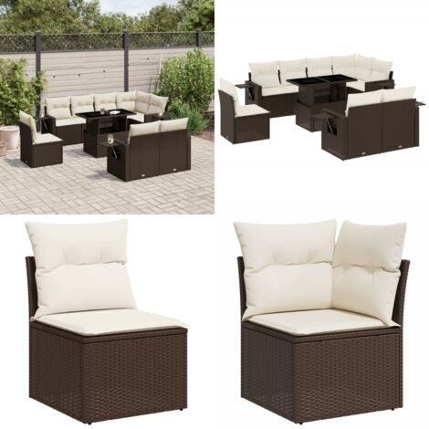 Set Divani da Giardino 9pz con Cuscini Marrone in Polyrattan - Poltrone da giardino - Tavolo da giardino
