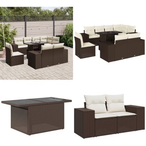 Set Divani da Giardino 9pz con Cuscini Marrone in Polyrattan - Poltrone da giardino - Tavolo da giardino