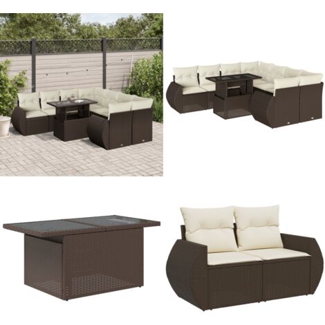 Set Divani da Giardino 9pz con Cuscini Marrone in Polyrattan - Sedute da esterno - Tavolo da giardino