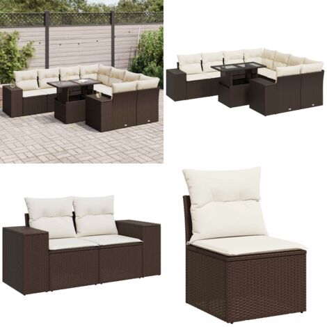 Set Divani da Giardino 9pz con Cuscini Marrone in Polyrattan - Sedute da esterno - Tavolo da giardino