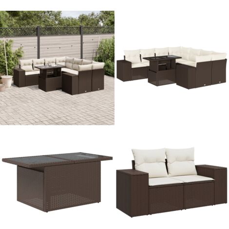 Set Divani da Giardino 9pz con Cuscini Marrone in Polyrattan - Sedute da esterno - Tavolo da giardino