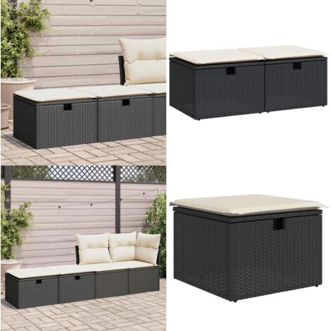 Set Divani da Giardino con Cuscini 2 pz Nero Polyrattan Acacia - Sgabello da giardino - Cuscino da giardino