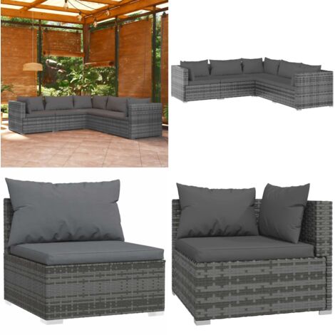 Set Divani da Giardino con Cuscini 5 pz in Polyrattan Grigio - Rattan - Poliestere