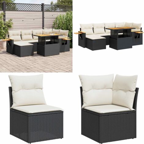 Set Divani da Giardino con Cuscini 7pz Nero Polyrattan Acacia - Sedute da giardino - Cuscini da seduta