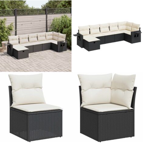 Set Divani da Giardino con Cuscini 7pz Nero Polyrattan - Poltrona da esterno - Cuscino da seduta