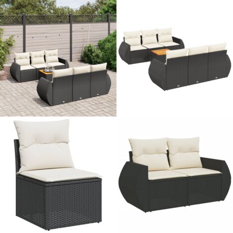 Set Divani da Giardino con Cuscini 7pz Nero Polyrattan - Poltrone da giardino - Tavolo da giardino