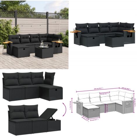 Set Divani da Giardino con Cuscini 7pz Nero Polyrattan - Seduta angolare - Cuscini per divano