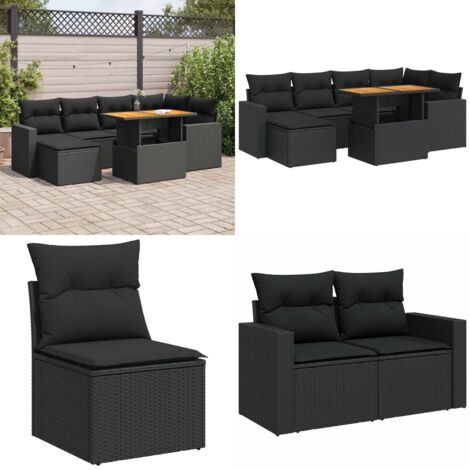 Set Divani da Giardino con Cuscini 7pz Nero Polyrattan - Seduta angolare - Cuscino da giardino