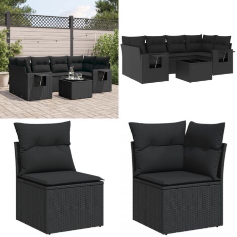 Set Divani da Giardino con Cuscini 7pz Nero Polyrattan - Sedute angolari - Cuscini per divano