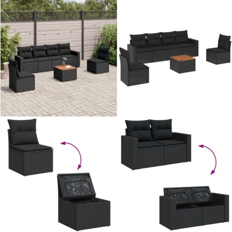 Set Divani da Giardino con Cuscini 7pz Nero Polyrattan - Sedute da giardino - Poltrone da giardino