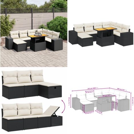 Set Divani da Giardino con Cuscini 8 pz Nero in Polyrattan - Poltrona da giardino - Sedile da giardino
