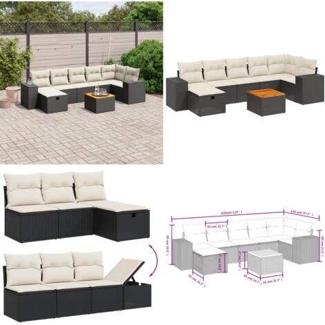 Set Divani da Giardino con Cuscini 8 pz Nero in Polyrattan - Seduta angolare - Cuscini da giardino