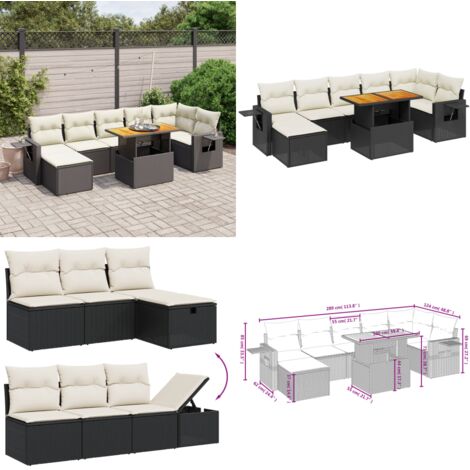 Set Divani da Giardino con Cuscini 8 pz Nero in Polyrattan - Seduta da esterno - Cuscini da giardino
