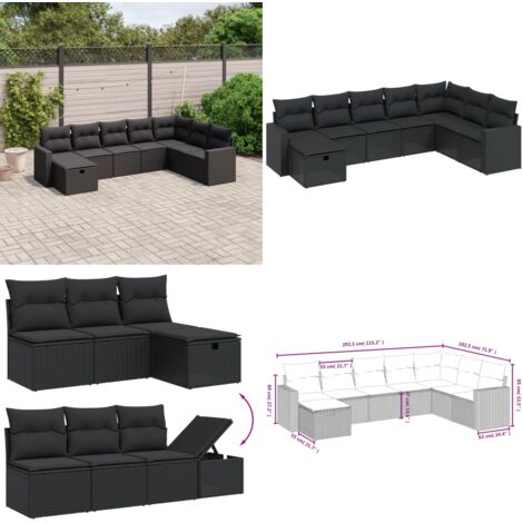 Set Divani da Giardino con Cuscini 8 pz Nero in Polyrattan - Sedute da esterno - Cuscini da seduta