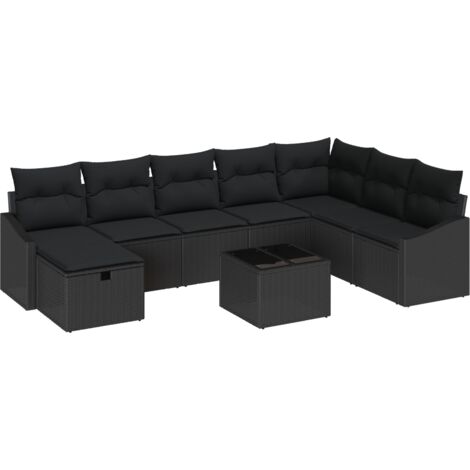 Set divani da giardino di 9 pezzi con cuscini in rattan sintetico nero vidaXL